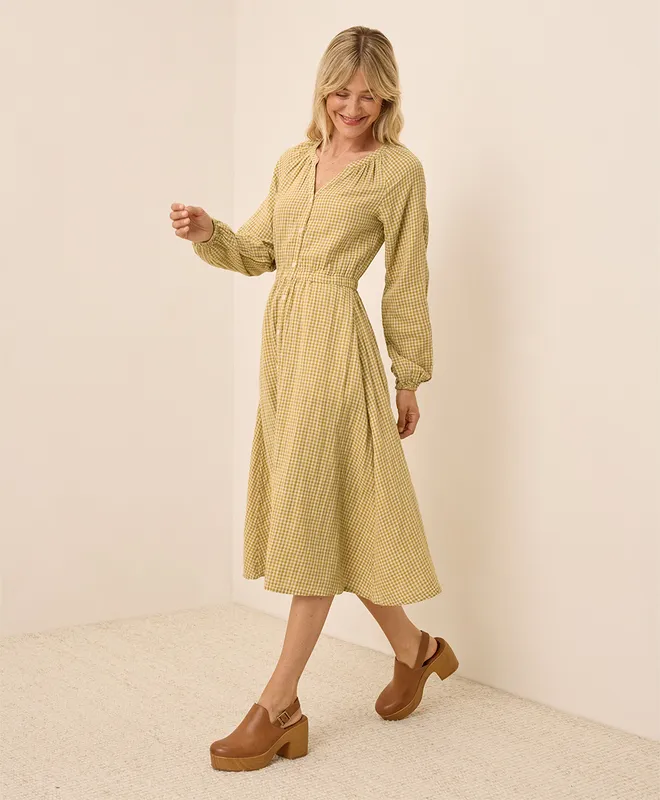 PACT Women's Gold Gingham Coastal Double Gauze Poet Sleeve Dress L 3