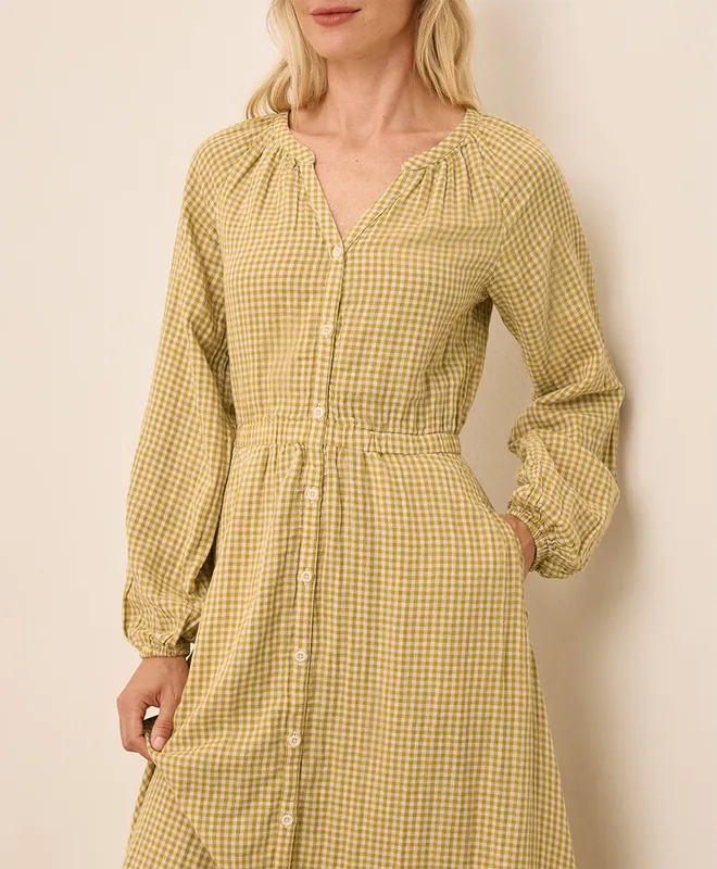 PACT Women's Gold Gingham Coastal Double Gauze Poet Sleeve Dress L 4