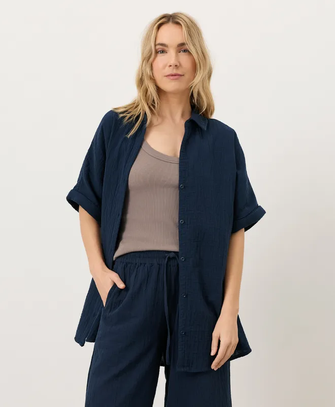 PACT Women's Navy Coastal Double Gauze Oversized Shirt XS