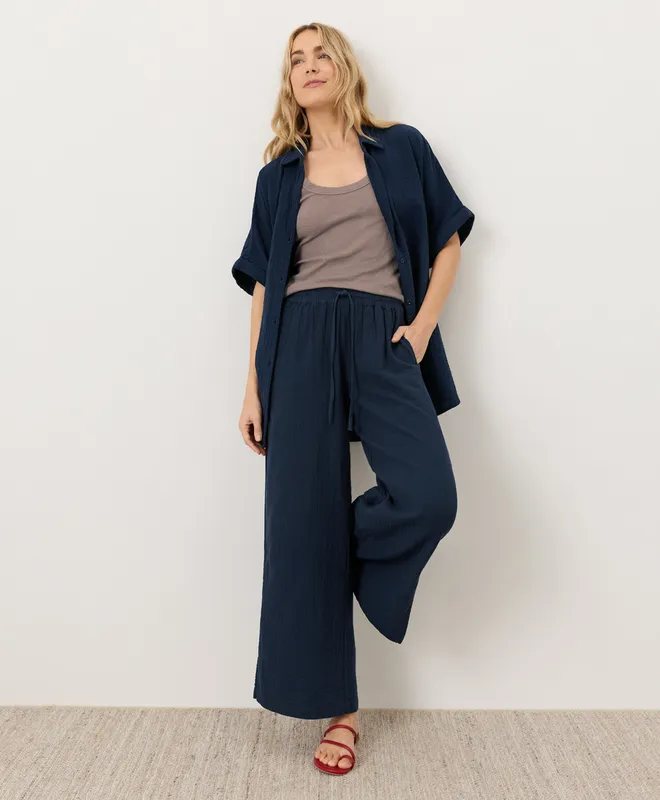 PACT Women's Navy Coastal Double Gauze Oversized Shirt XS 3