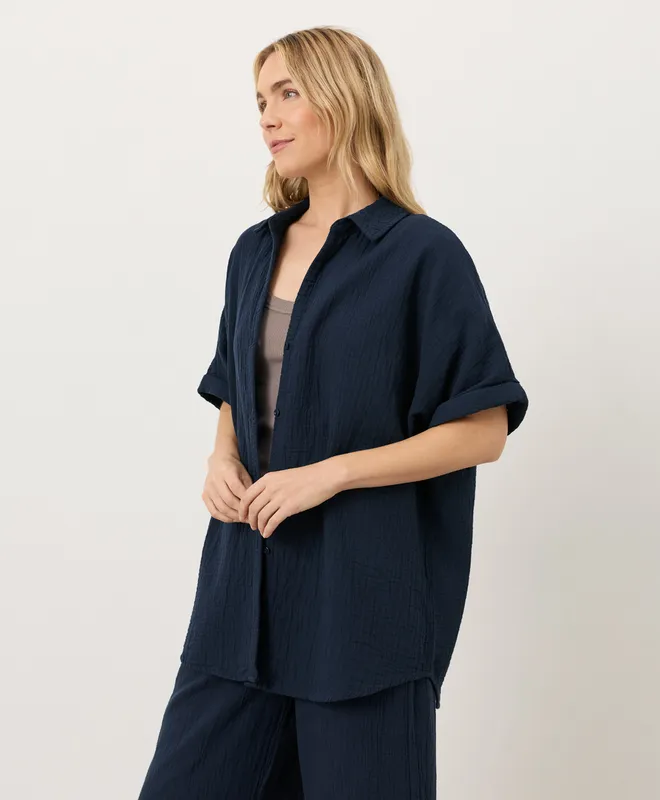 PACT Women's Navy Coastal Double Gauze Oversized Shirt XS 4