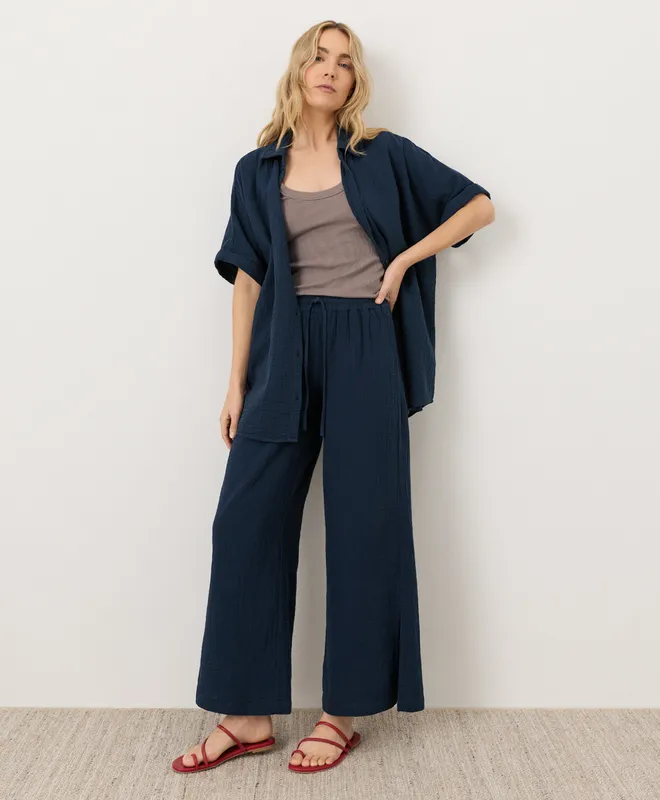 PACT Women's Navy Coastal Double Gauze Split Hem Pant XS 2