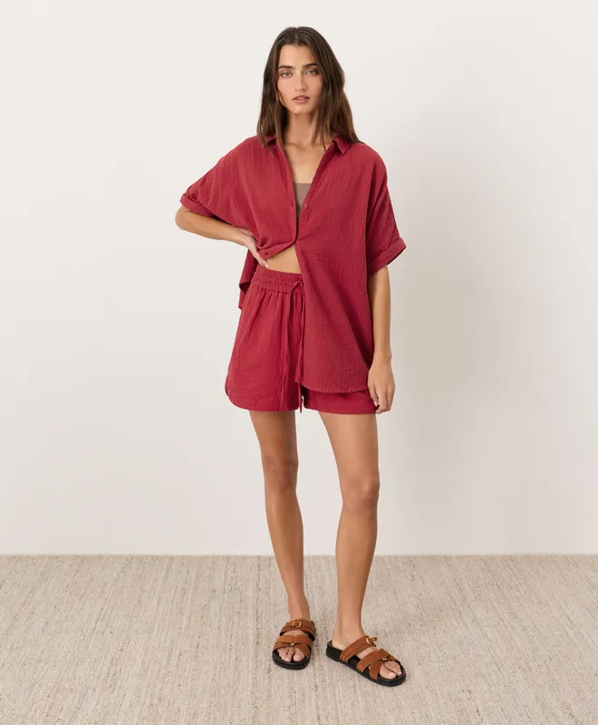 PACT Women's Poppy Red Coastal Double Gauze Curved Hem Short XS 2