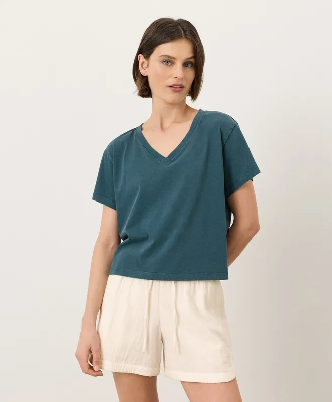 PACT Women's Washed Deep Aqua Vintage Jersey V-Neck Tee L