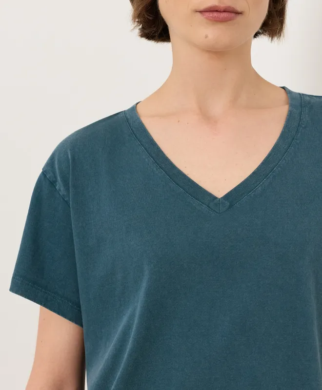 PACT Women's Washed Deep Aqua Vintage Jersey V-Neck Tee L 2