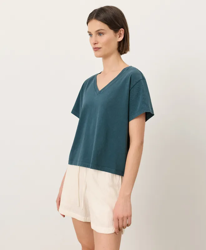 PACT Women's Washed Deep Aqua Vintage Jersey V-Neck Tee L 4