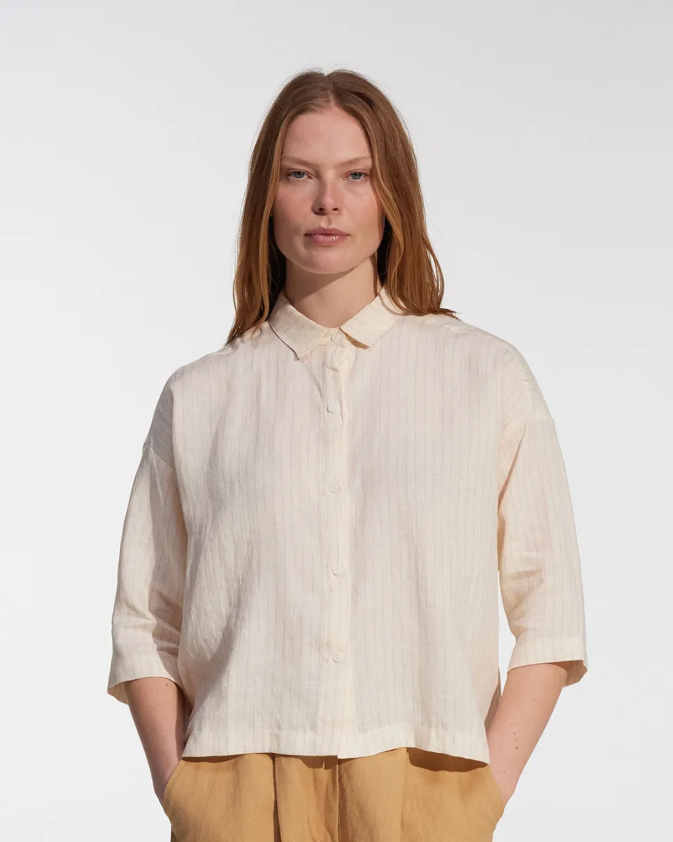 Boxy Cropped Linen Blouse No.22 in Cream Pinstripe