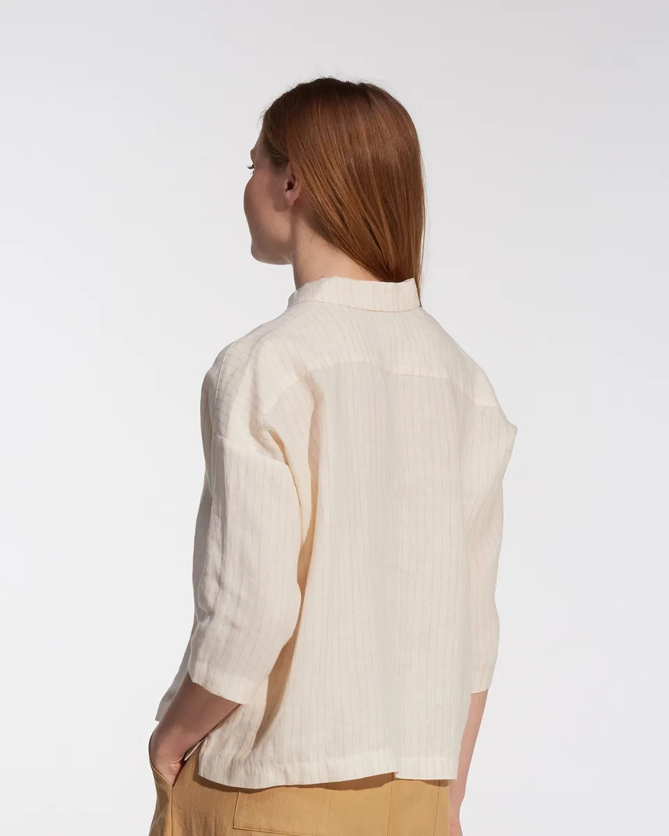 Boxy Cropped Linen Blouse No.22 in Cream Pinstripe 2