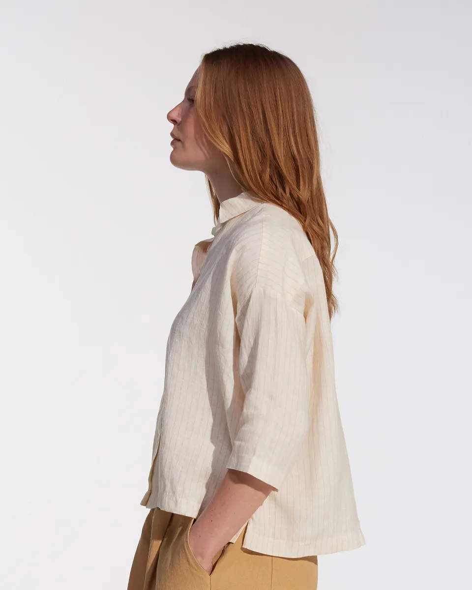 Boxy Cropped Linen Blouse No.22 in Cream Pinstripe 3