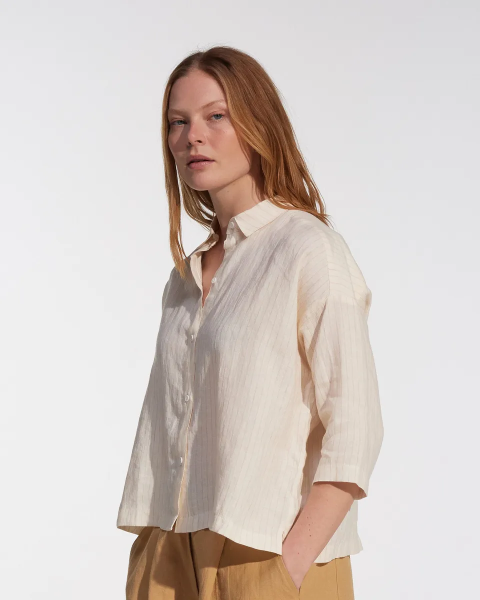 Boxy Cropped Linen Blouse No.22 in Cream Pinstripe 4