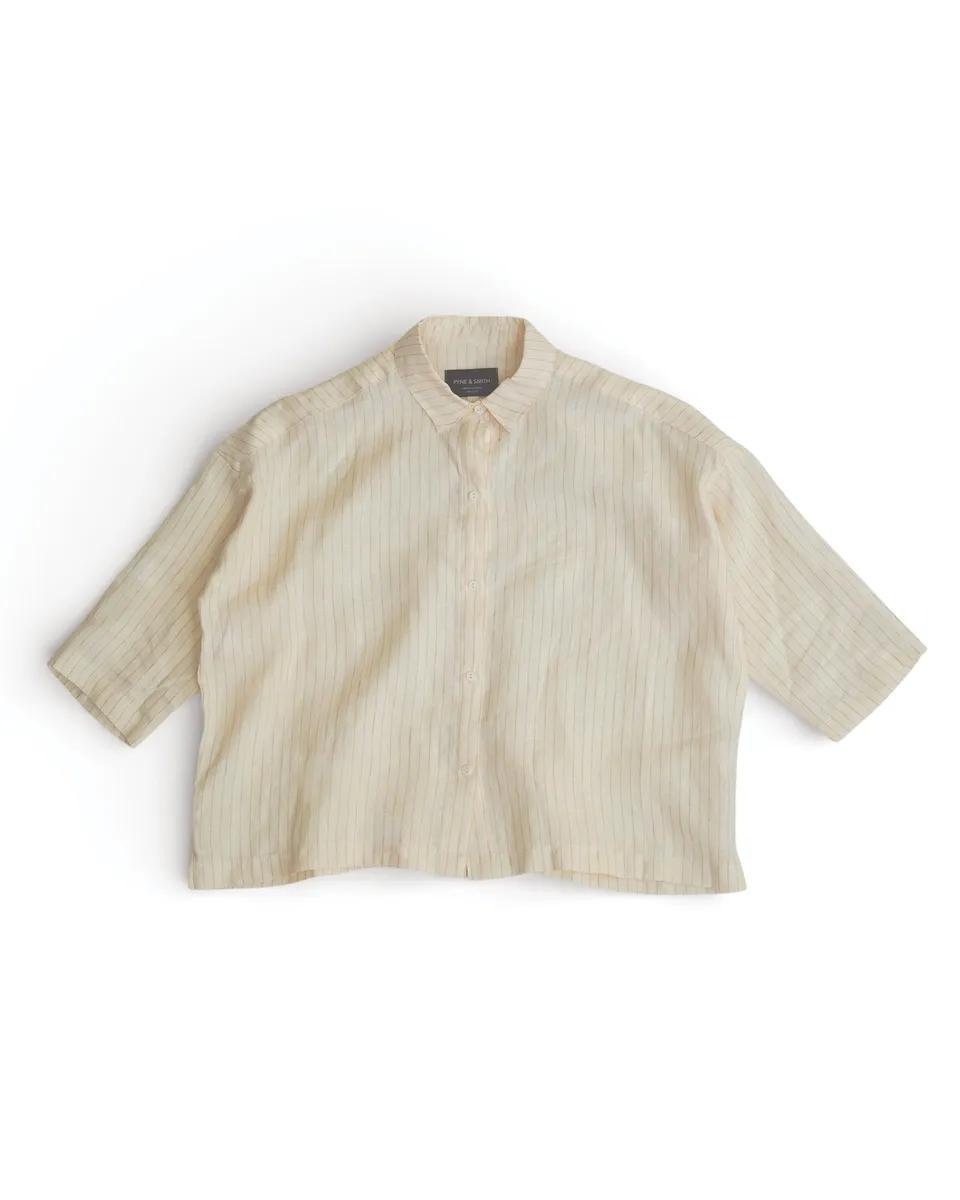 Boxy Cropped Linen Blouse No.22 in Cream Pinstripe 5