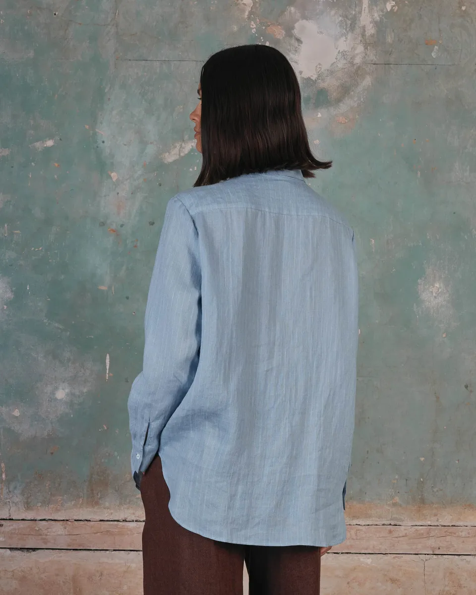Linen Button up Shirt No.21 in Pale Blue Pinstripe 4