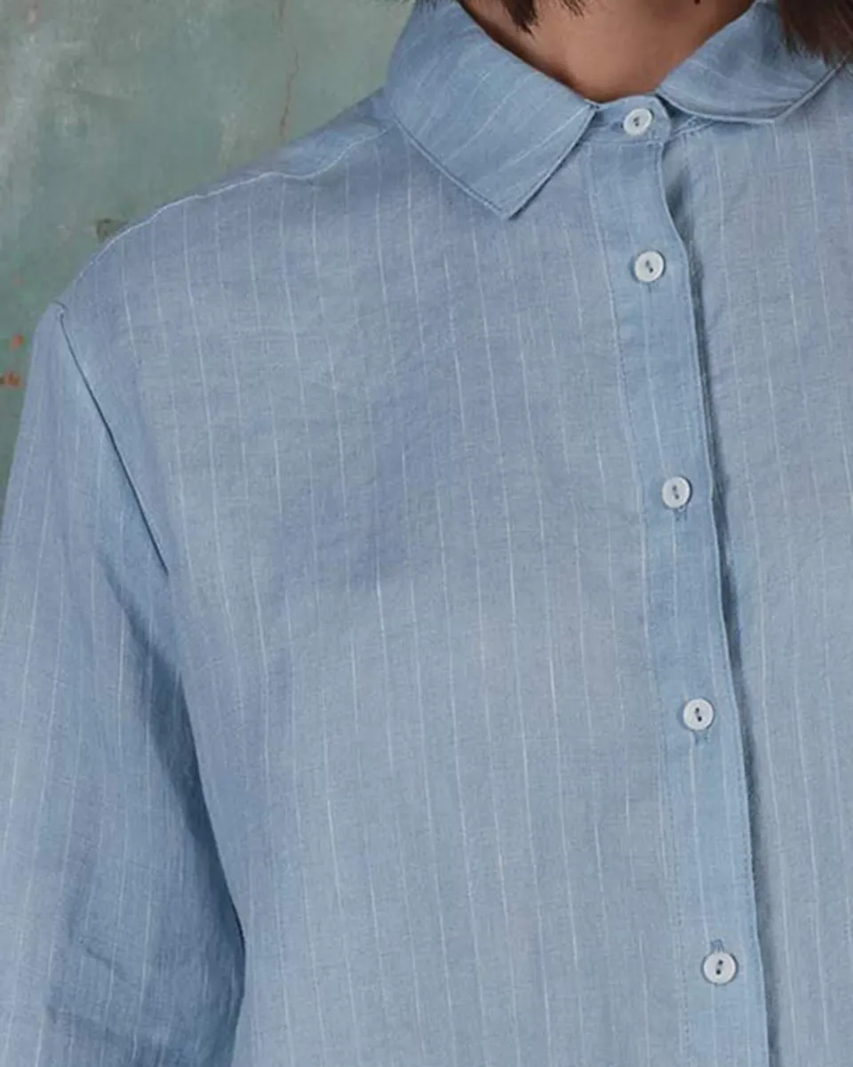 Linen Button up Shirt No.21 in Pale Blue Pinstripe 5