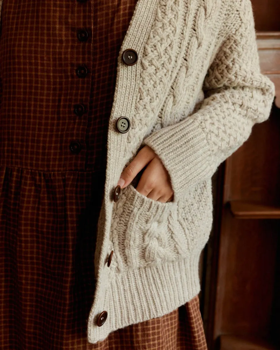 Merino Wool Cable Knit Cardigan with Pockets in Wheaten 2