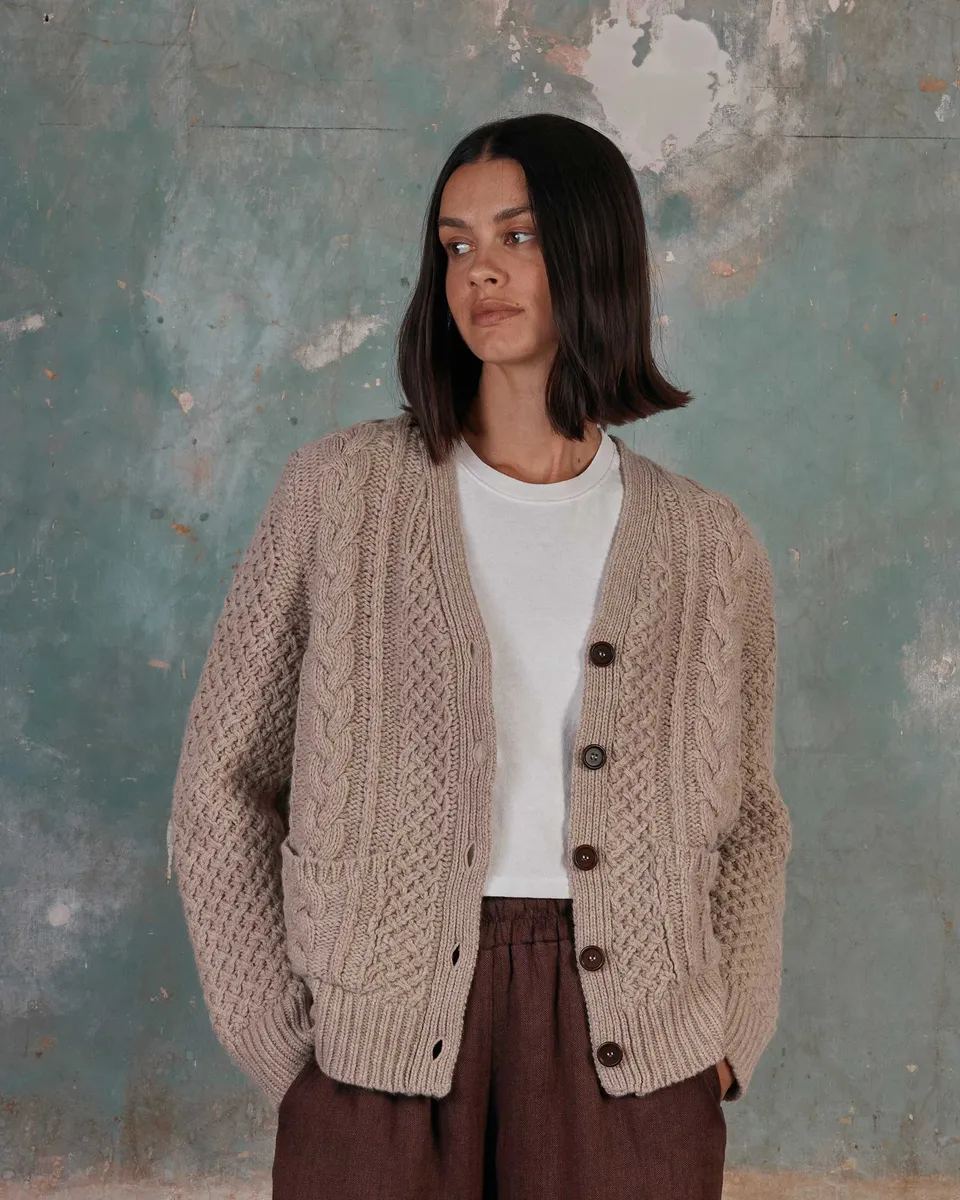 Merino Wool Cable Knit Cardigan with Pockets in Wheaten 3
