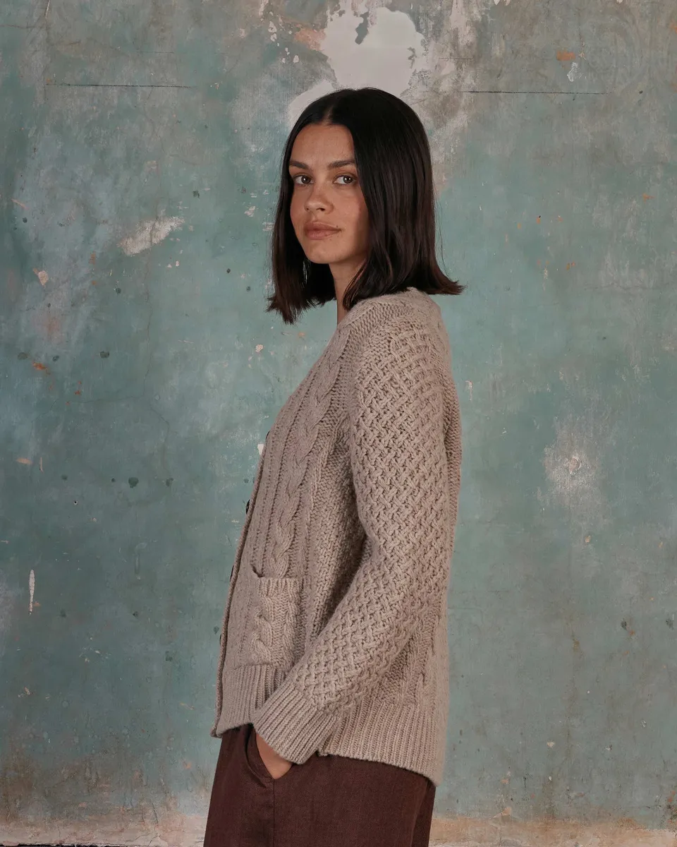 Merino Wool Cable Knit Cardigan with Pockets in Wheaten 4