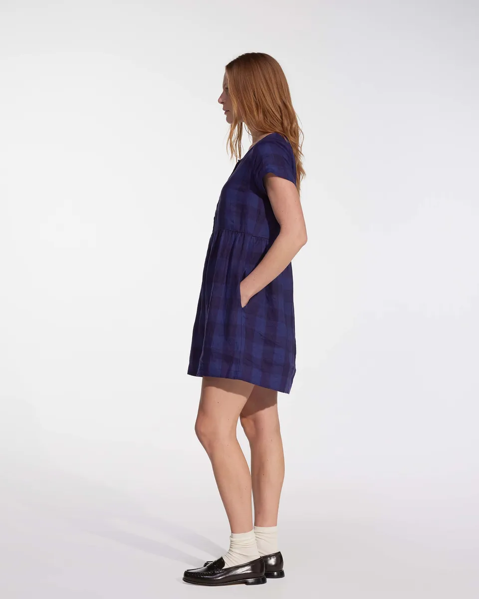 No.10 Button Up Linen Dress in Midsommar Night Check 3