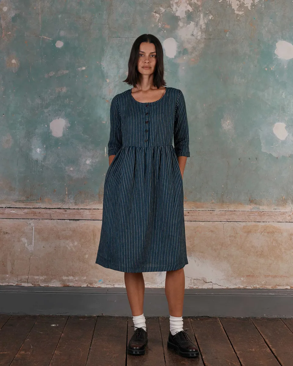 No.12 Button Up, Linen Midi Dress in Mariner Stripe