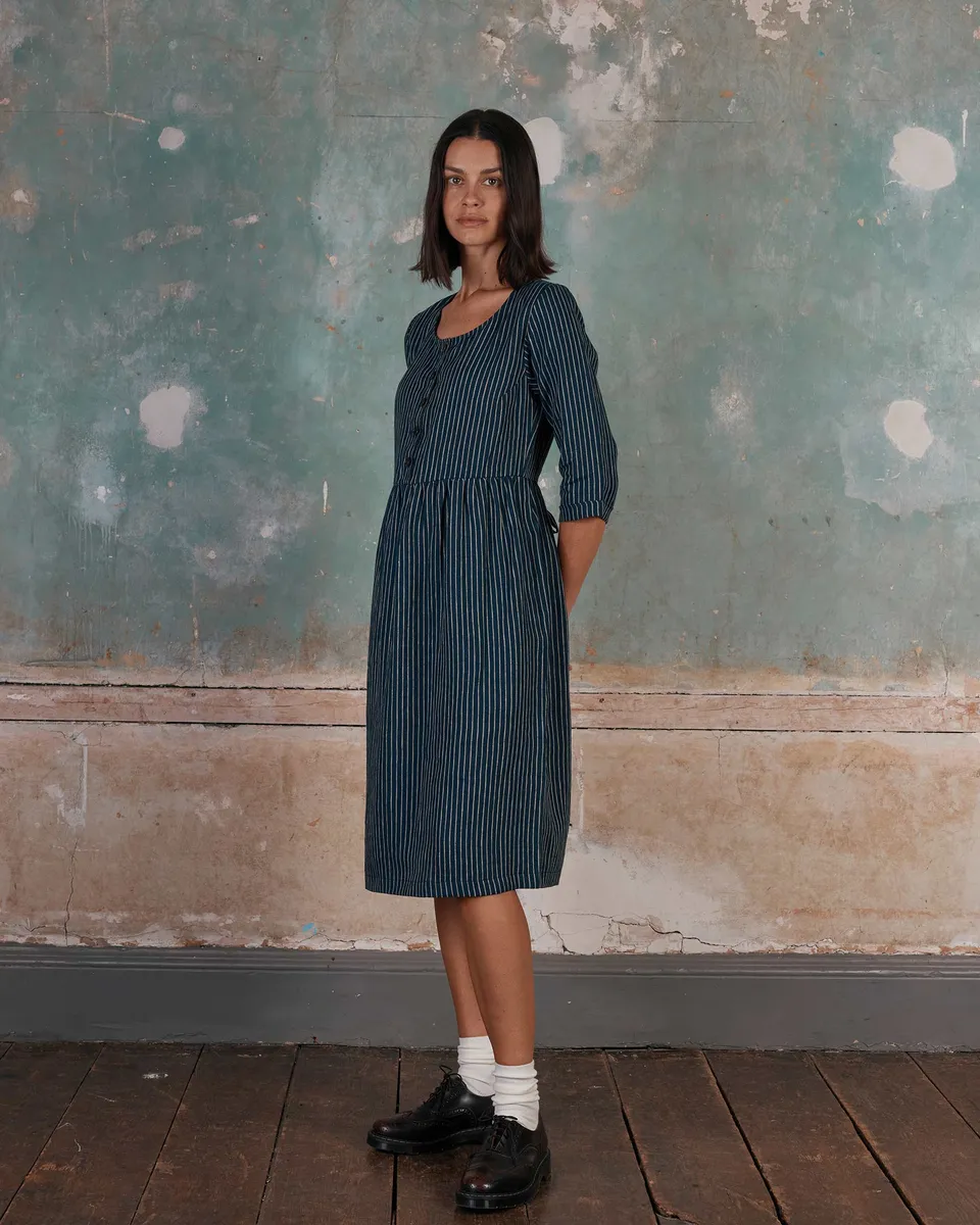 No.12 Button Up, Linen Midi Dress in Mariner Stripe 2