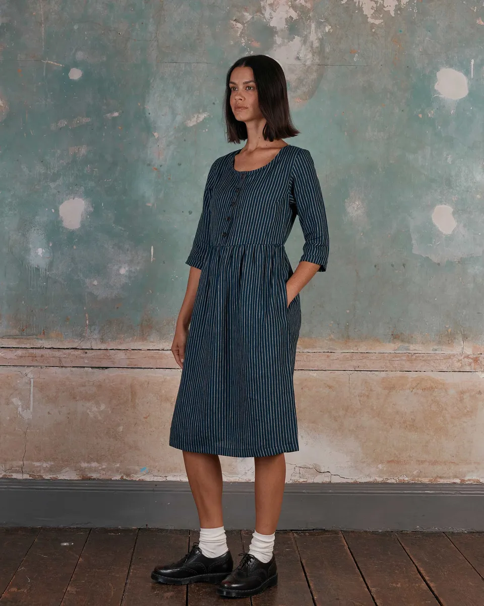 No.12 Button Up, Linen Midi Dress in Mariner Stripe 3