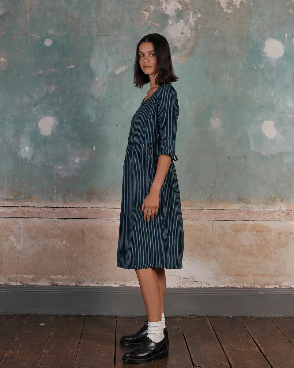 No.12 Button Up, Linen Midi Dress in Mariner Stripe 4