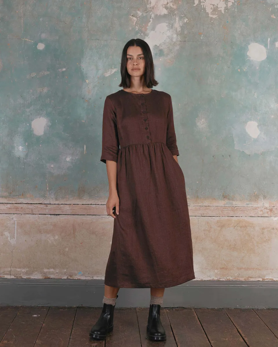 No.14 Button up Full Length Linen Dress in Brown Herringbone