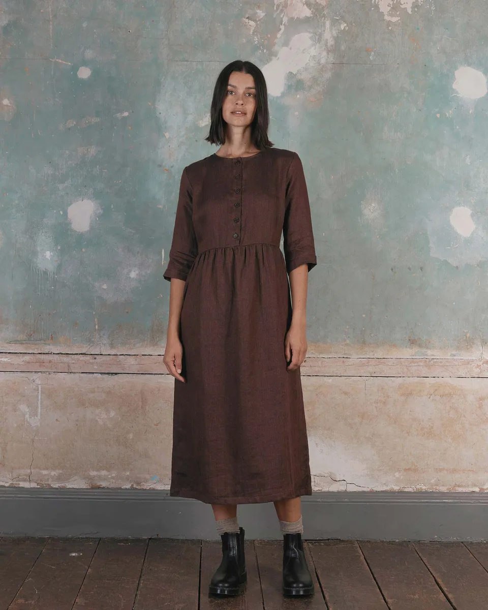 No.14 Button up Full Length Linen Dress in Brown Herringbone 2