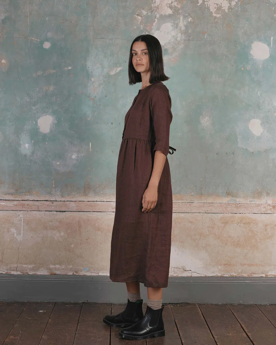 No.14 Button up Full Length Linen Dress in Brown Herringbone 3