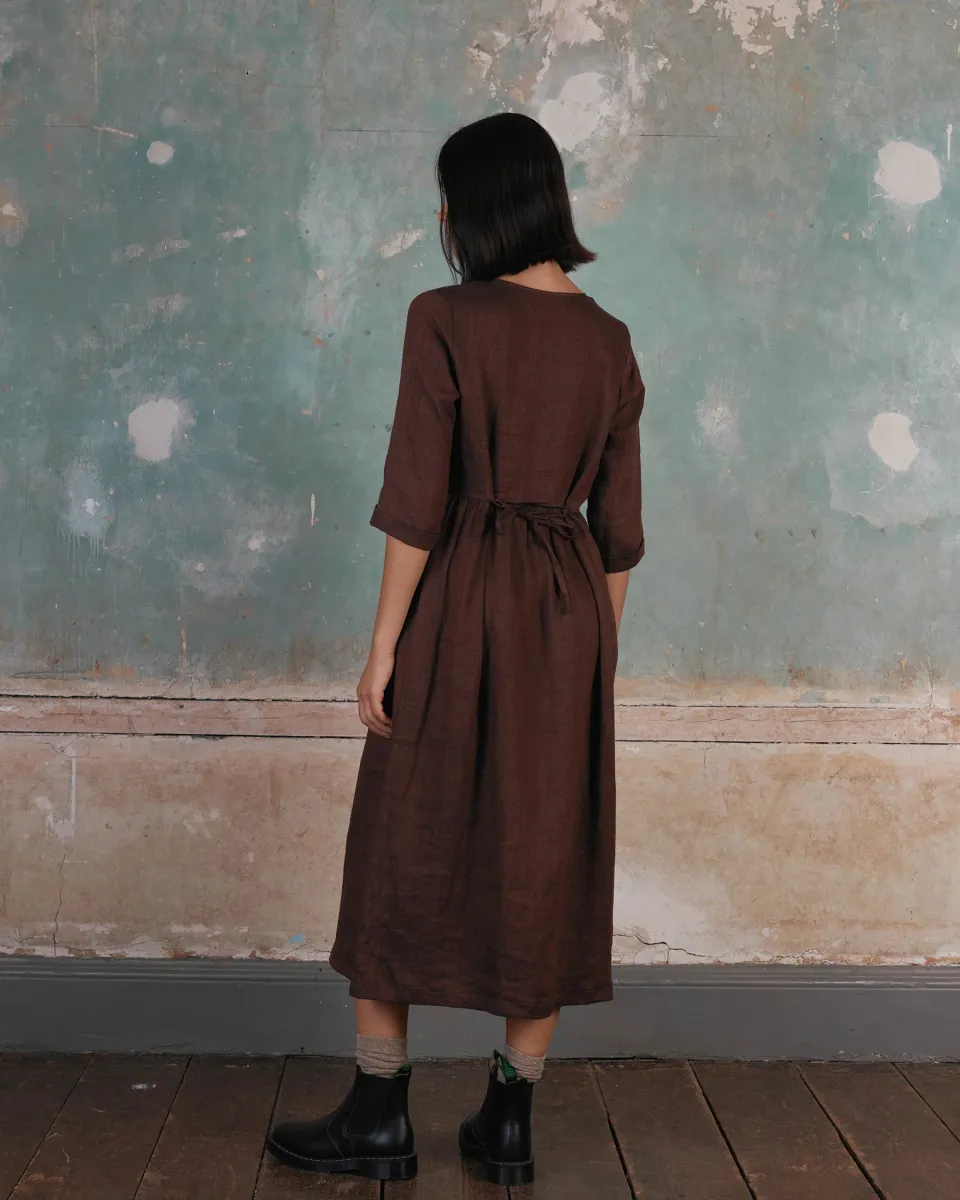 No.14 Button up Full Length Linen Dress in Brown Herringbone 4