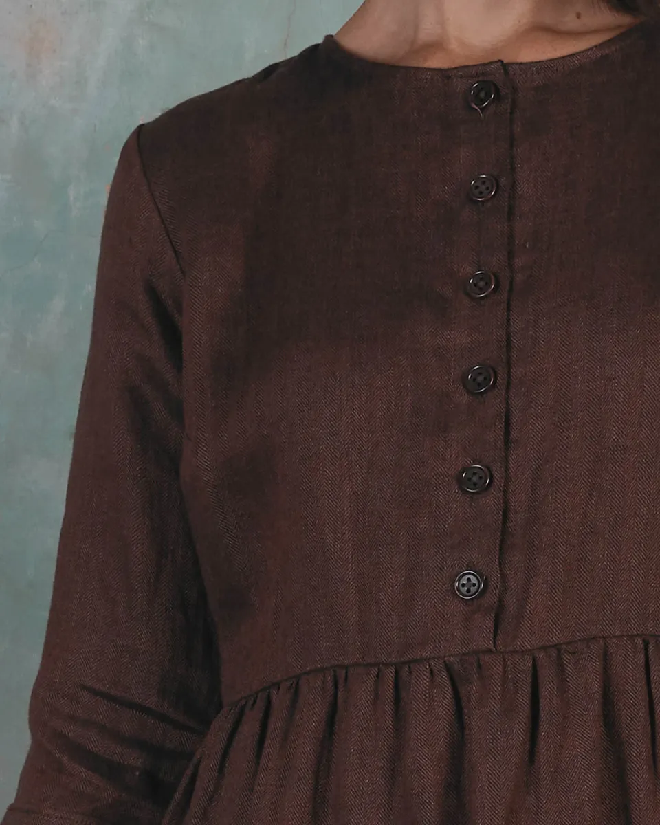 No.14 Button up Full Length Linen Dress in Brown Herringbone 5