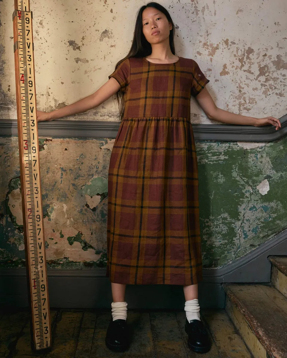 No.17 Full Length Linen Tea Dress in Tobacco Plaid