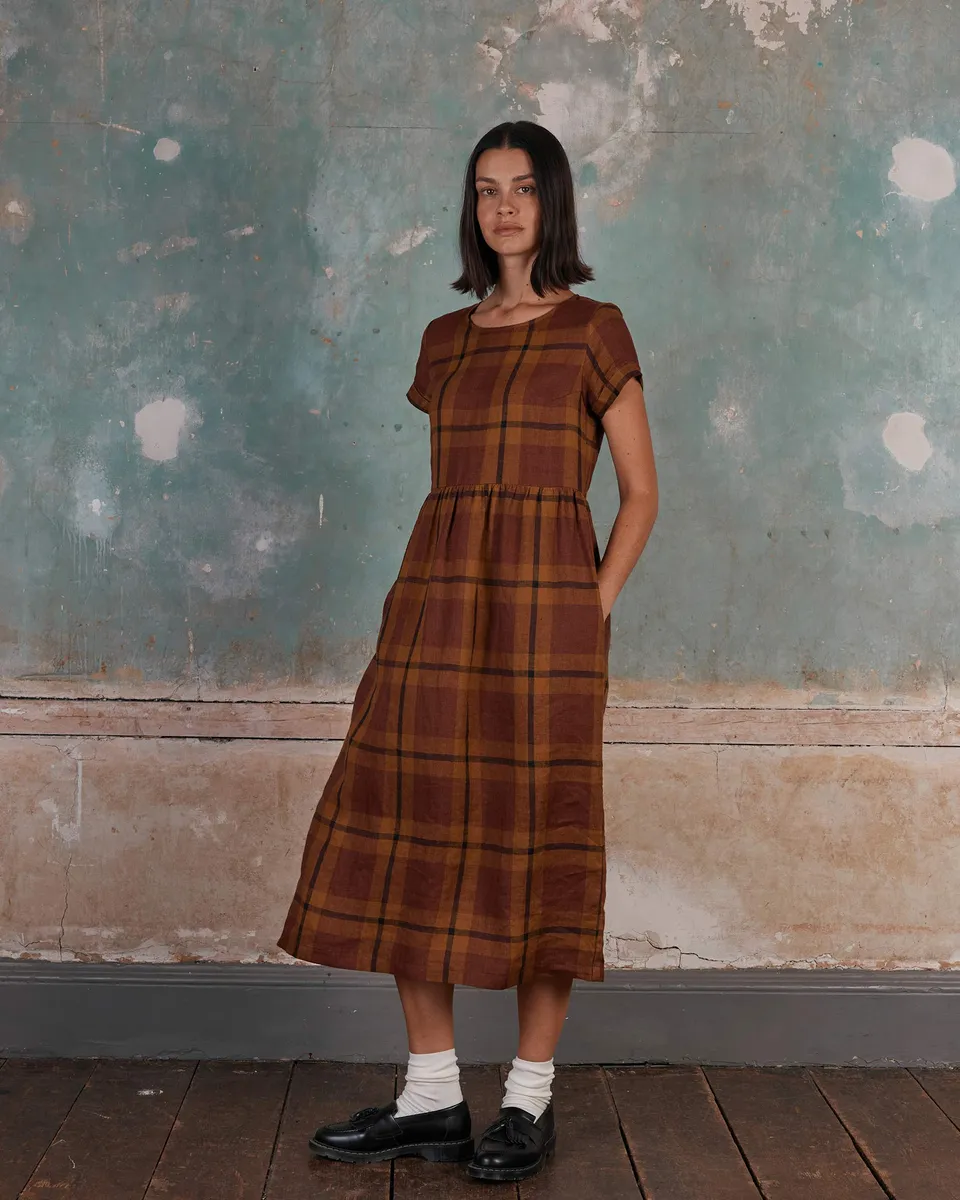 No.17 Full Length Linen Tea Dress in Tobacco Plaid 2
