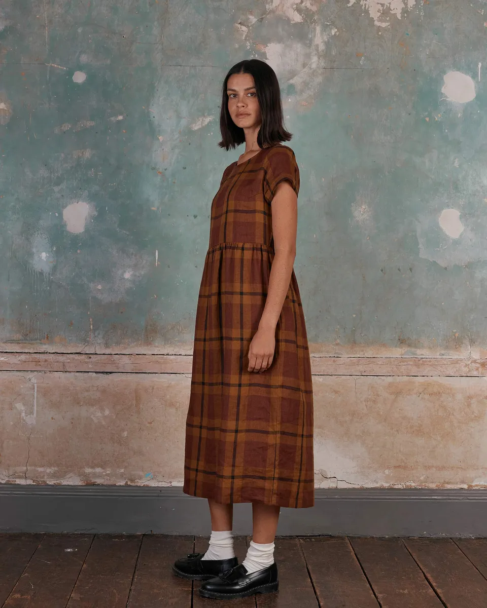 No.17 Full Length Linen Tea Dress in Tobacco Plaid 3