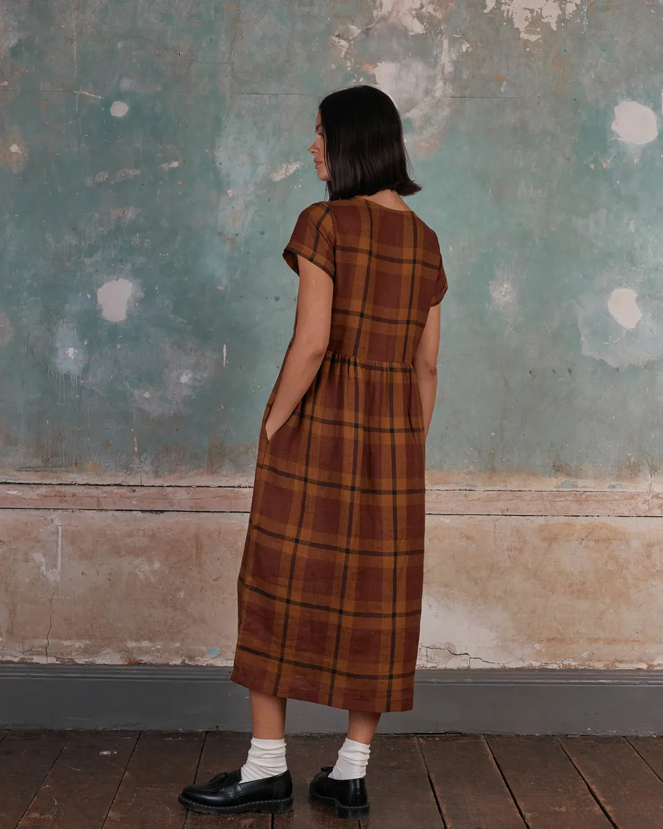 No.17 Full Length Linen Tea Dress in Tobacco Plaid 4