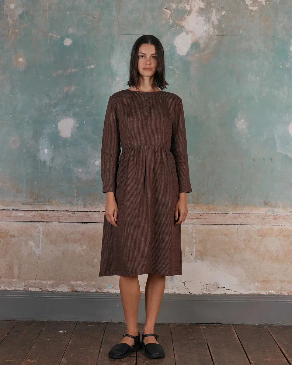No.18 Long Sleeve, Midi Linen Dress in Turkish Coffee Stripe 2