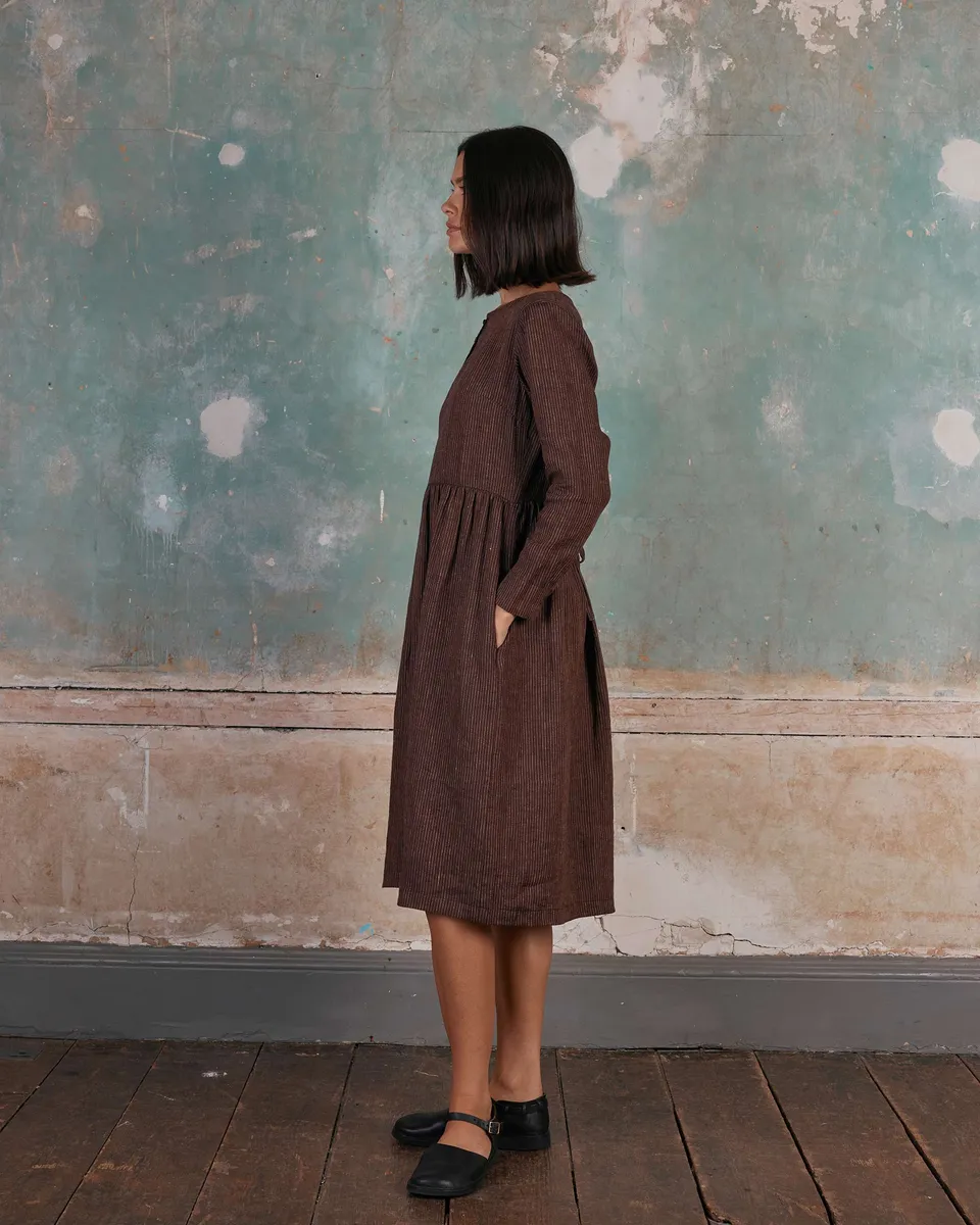 No.18 Long Sleeve, Midi Linen Dress in Turkish Coffee Stripe 3
