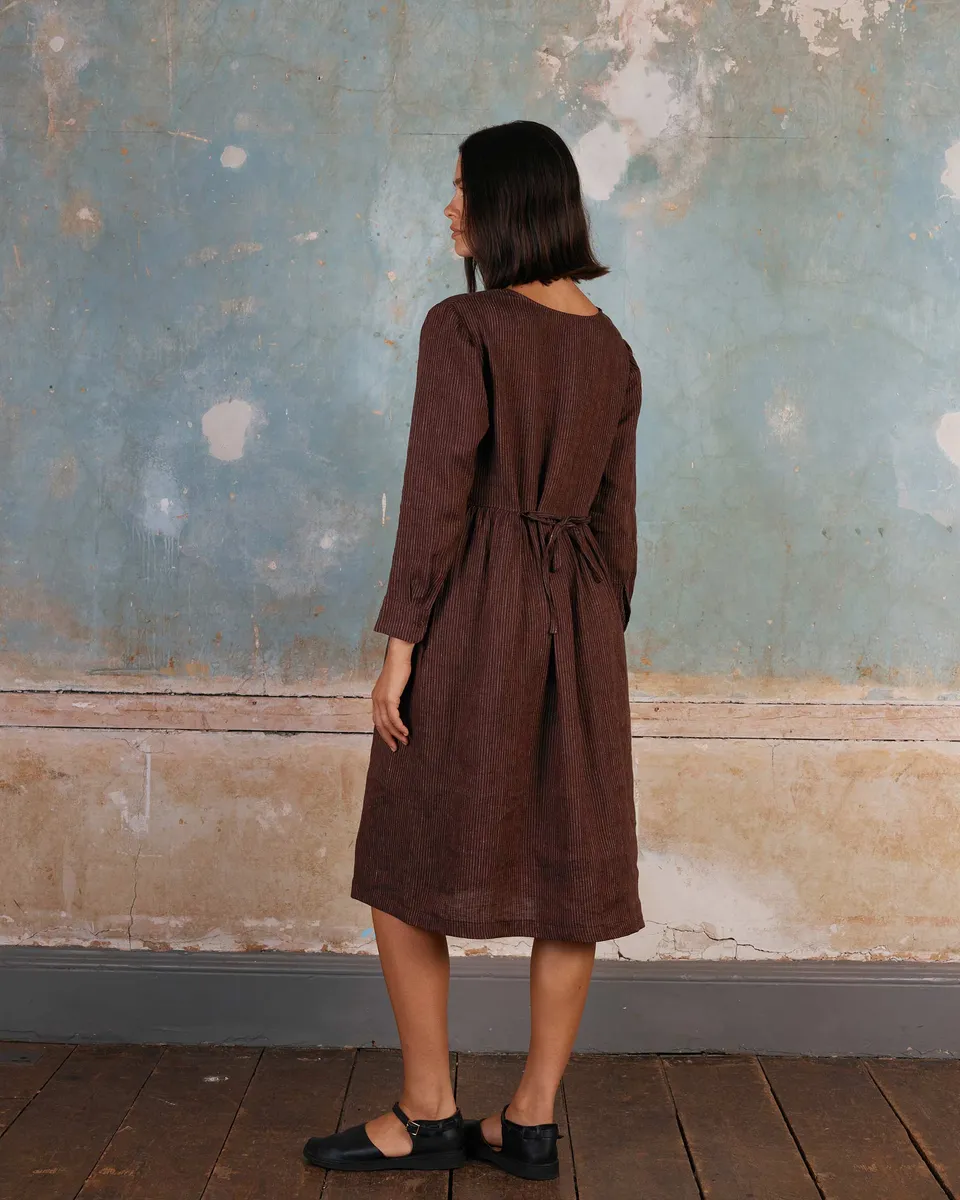 No.18 Long Sleeve, Midi Linen Dress in Turkish Coffee Stripe 4