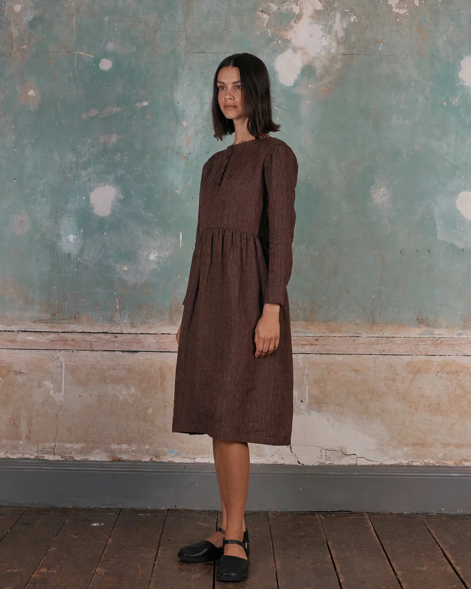 No.18 Long Sleeve, Midi Linen Dress in Turkish Coffee Stripe 5