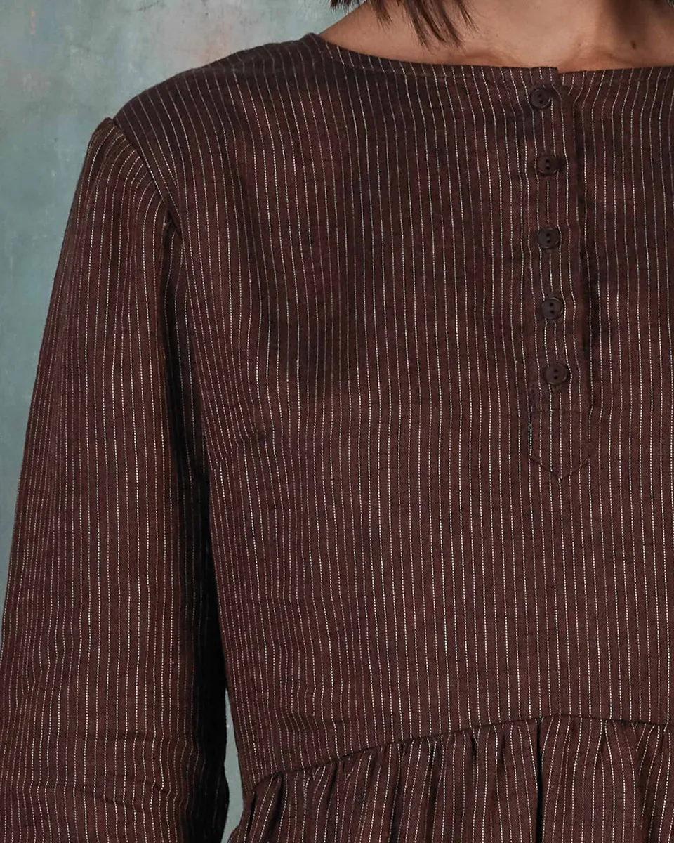No.18 Long Sleeve, Midi Linen Dress in Turkish Coffee Stripe 6