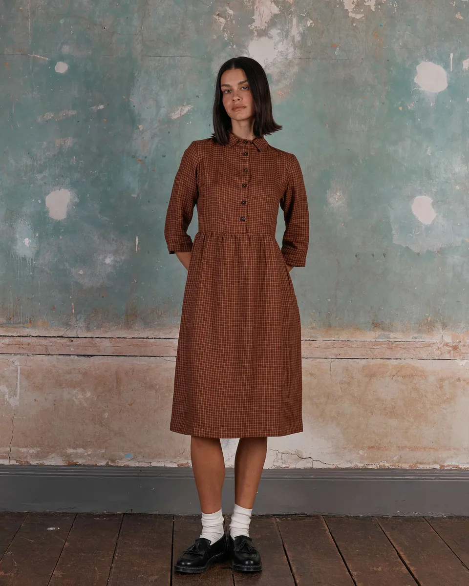 No.22 Collared, Button up Linen Dress in Kentish Town Check