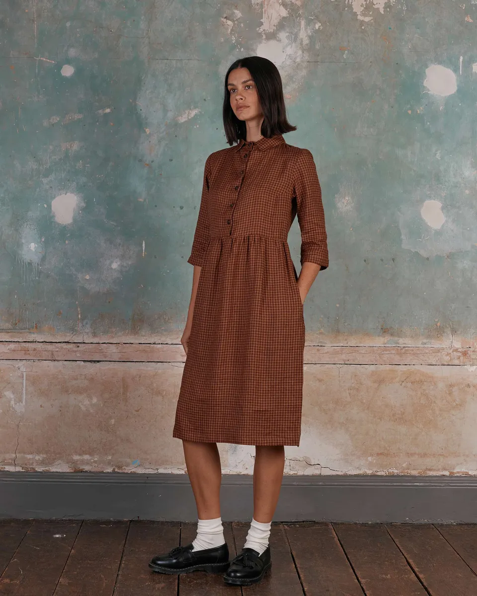 No.22 Collared, Button up Linen Dress in Kentish Town Check 2