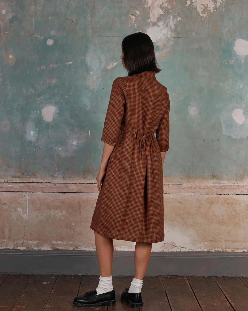 No.22 Collared, Button up Linen Dress in Kentish Town Check 3