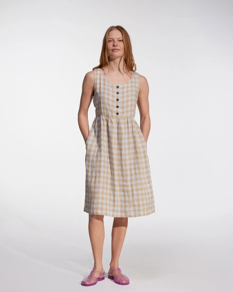 No.24 Sleeveless, button up Linen Dress in St. Agnes Check 3