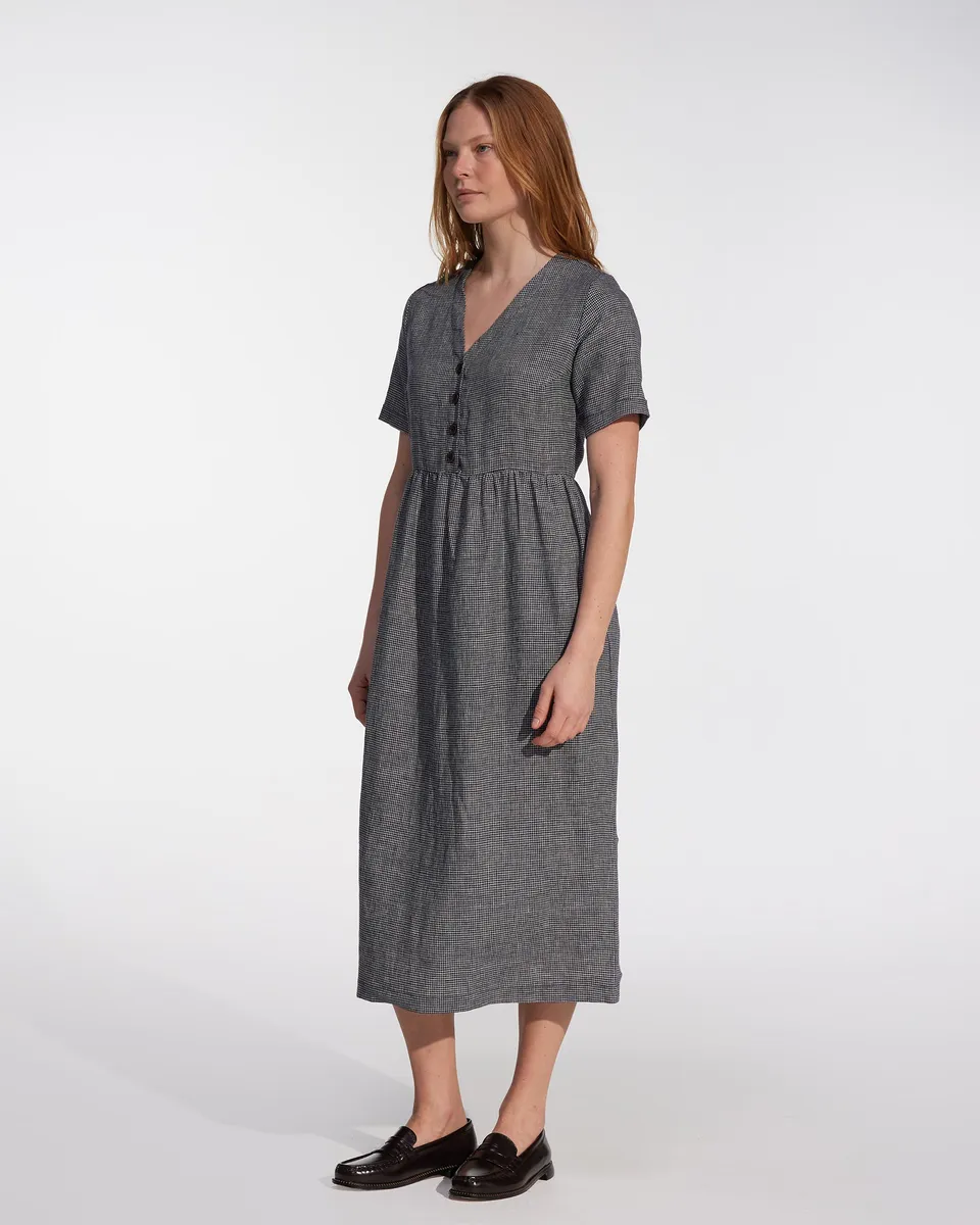 No.31 V Neck, Full Length Linen Dress in Brasserie Check 2