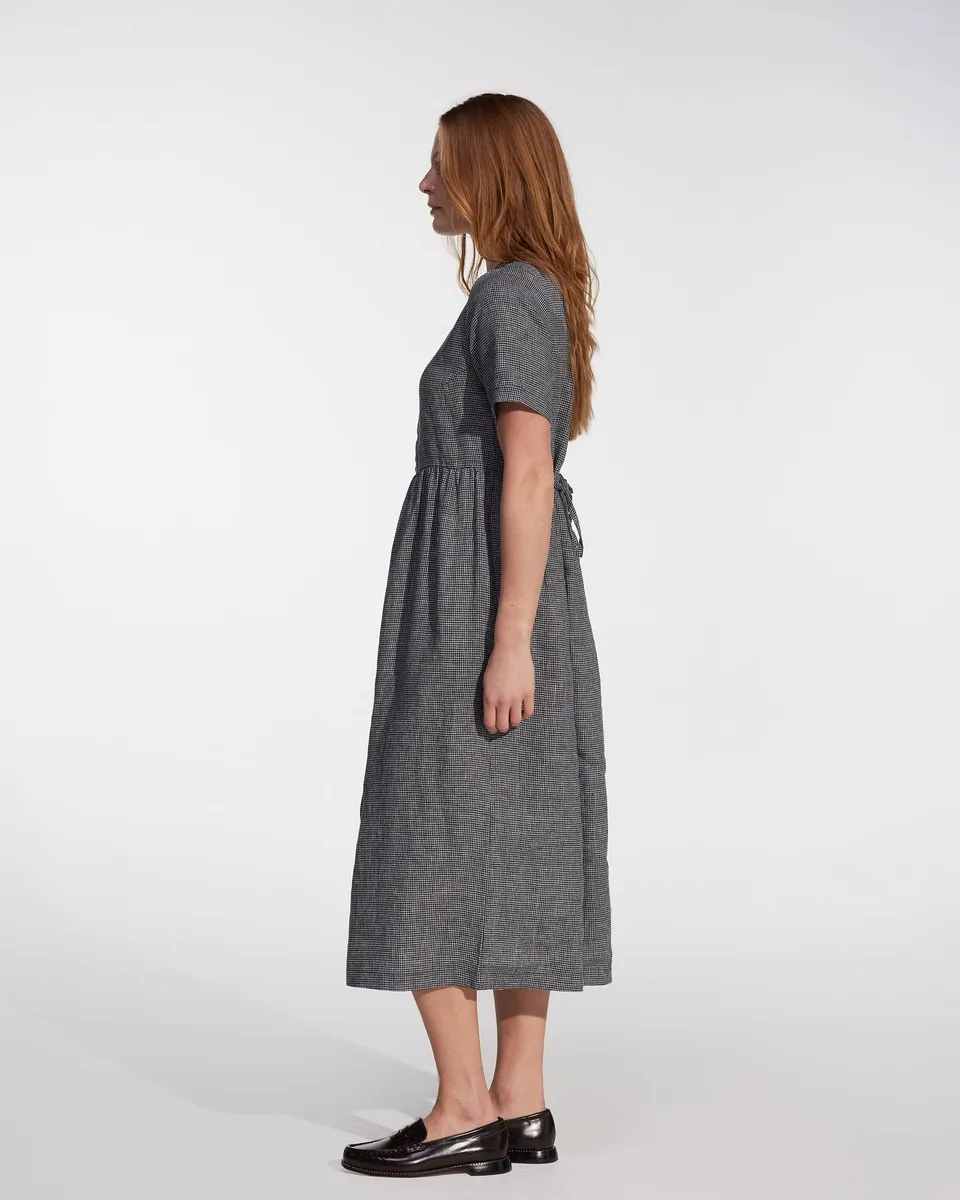 No.31 V Neck, Full Length Linen Dress in Brasserie Check 3