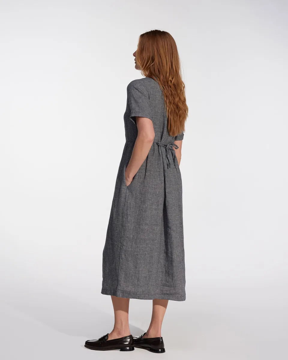 No.31 V Neck, Full Length Linen Dress in Brasserie Check 4