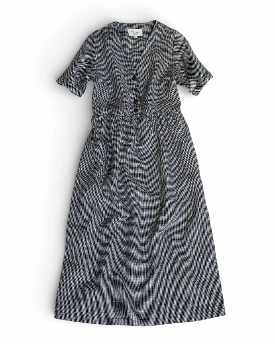 No.31 V Neck, Full Length Linen Dress in Brasserie Check 5