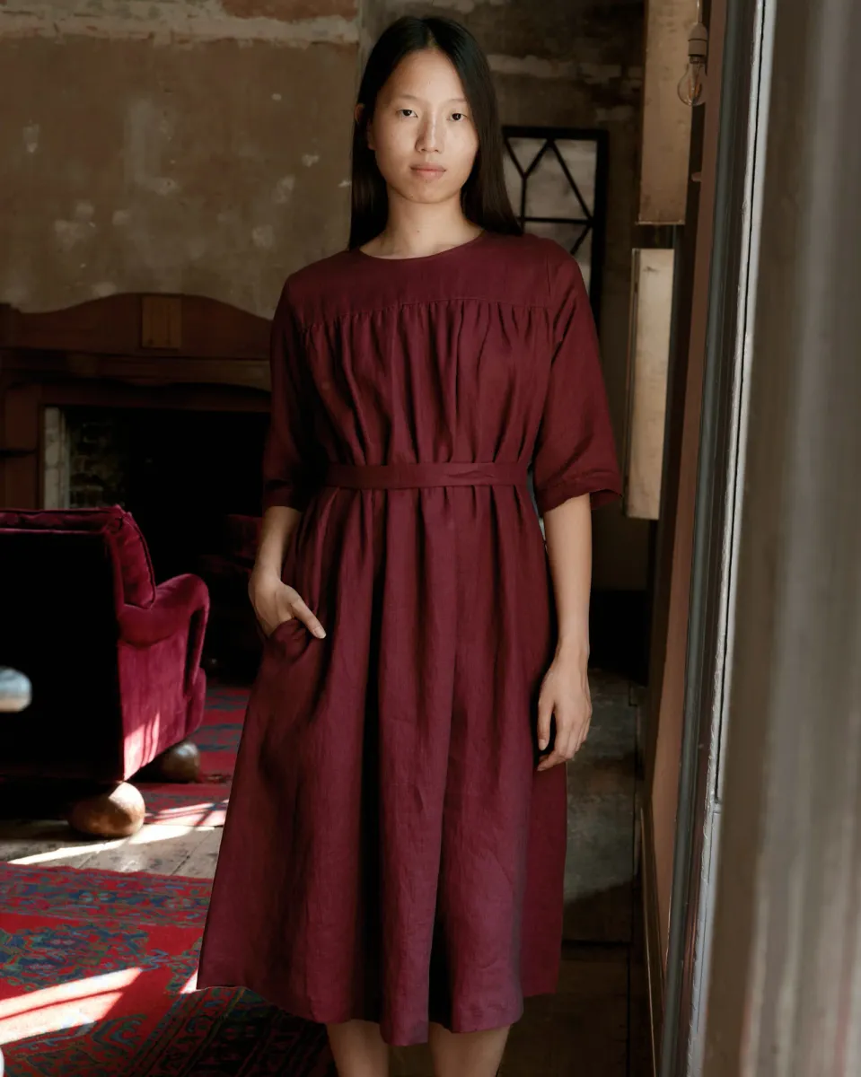 No.35 Maxi Length Linen Dress in Tawny Port