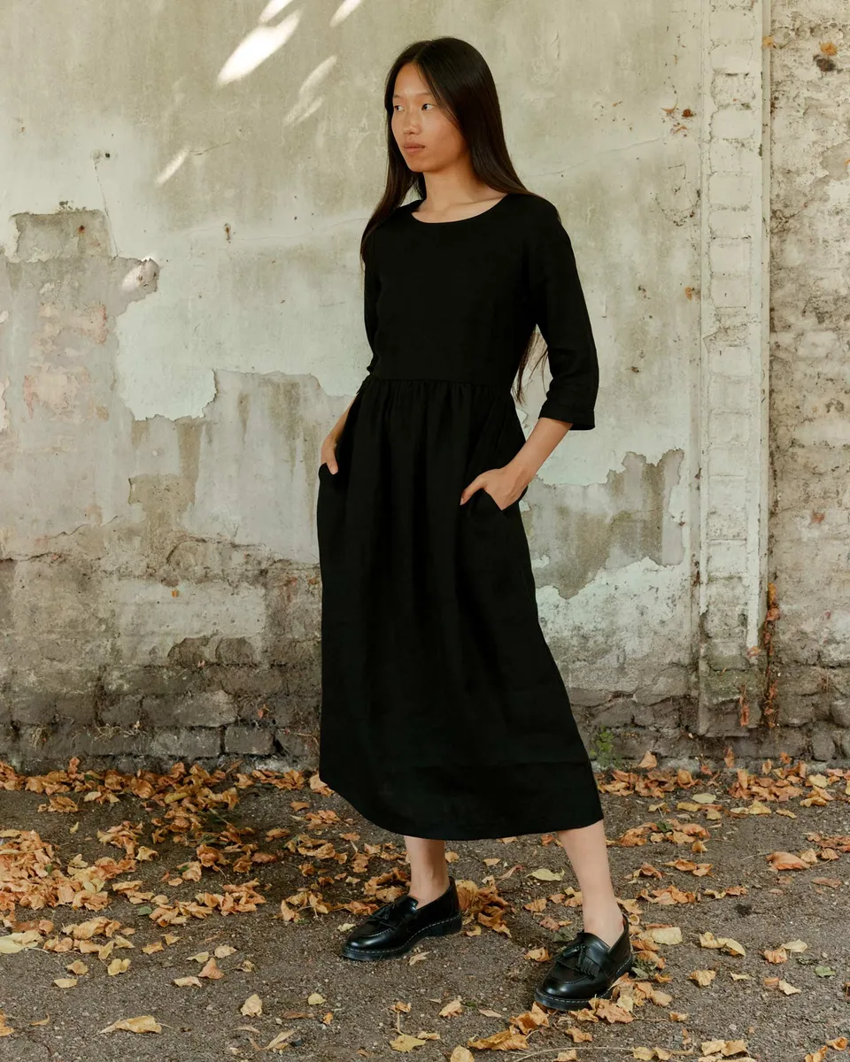 No.41 Full Length Linen Day Dress in Solid Black 2
