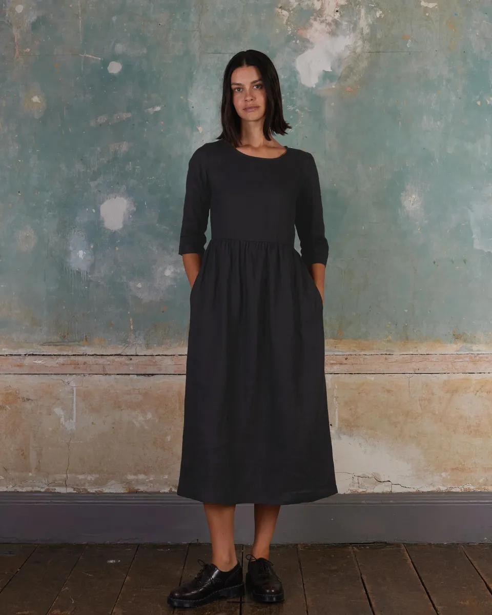 No.41 Full Length Linen Day Dress in Solid Black 3